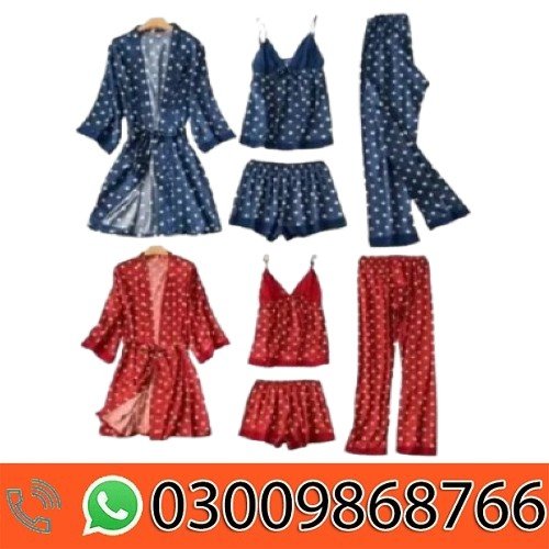 Women 4 Pieces Dot Print Sleepwear Night Gown Pajamas In Pakistan